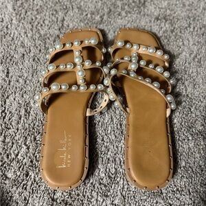 Nicole Miller Women's Tan Pearl Embellished Sandals | Size 7.5